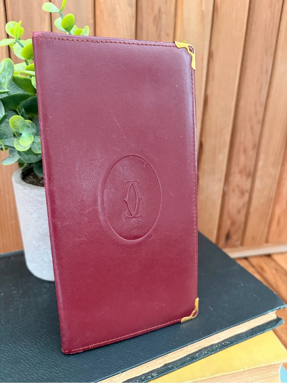 Cartier Paris Vintage Burgundy Leather Long Wallet, Gold Corner